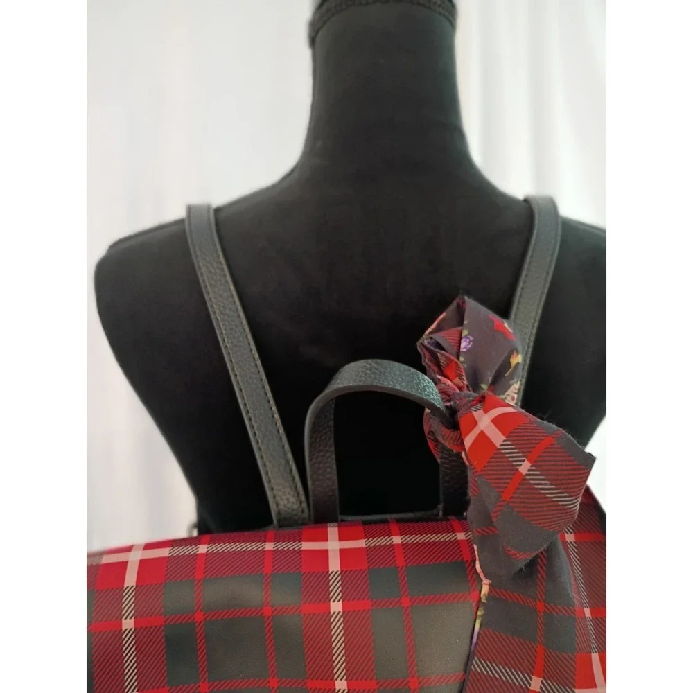 Steve Madden Black Pebbled Plaid Flap Backpack with‎ Floral Scarf Accent